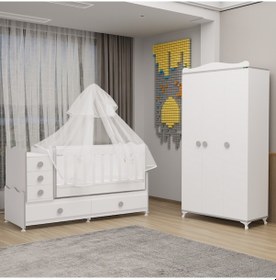 Resim Melina Yıldız 3 Kapaklı Dolap Takım + Yatak + Uyku Seti - Gri Beyaz 