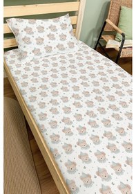 Resim Organik Tek Kişilik Lastikli Çarşaf Seti - Mavi Şapkalı Ayıcık Renkli 