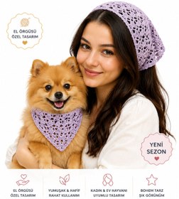 Resim NEHOLİA Kadın & Köpek Kombin El Örgüsü minik dost Bandana Seti Ayarlanabilir Evcil Hayvan Sahip Kombini Bohem Tasarım 