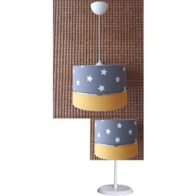 Resim Onay Avize Gri Yıldızlı Sarı 2.li Set M-0412 Kumaş Kaplama Genç ve Çocuk Odası Avize ve Abajur Takımı 