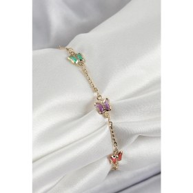 Resim Pirinç Gold Renk Karışık Renk Kelebek Zirkon Taşlı Kadın Bileklik 