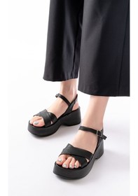 Resim 24414-1005 Siyah Günlük Çapraz Dolgu Topuk Kadın Sandalet Altın - Taba 