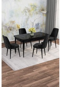 Resim Mona Siyah Mermer 80x132 Açılabilir Mdf Masa Yemek Odası Takımı, Mutfak Takımı 4 Adet Sandalye Siyah Mermer - 4 Siyah - Siyah Ayak 