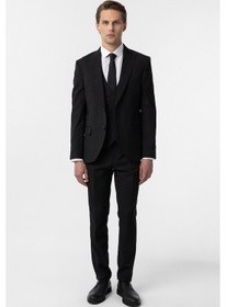 Resim Süvari Siyah Slim Fit Düz Sivri Yaka 6 Drop Yelekli Klasik Takım Elbise 