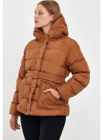 Resim Alisse-kadın Taba Kapüşonlu Kemerli Şişme Mont Kaban Taba 