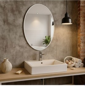 Resim 70x98 Cm Modern Oval Banyo Aynası Beyaz Çerçeveli Dekoratif Duvar Aynası Beyaz 
