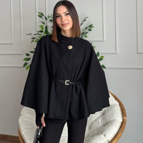 Resim Liya Kemerli Kaşe Siyah Panço - S 