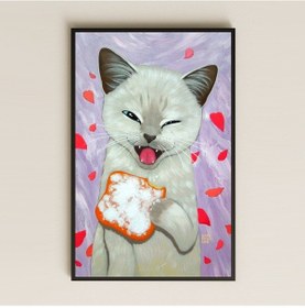 Resim Göz Kırpan Ekmek Tutan Sevimli Kedi İllüstrasyon Pleksi Tablo 