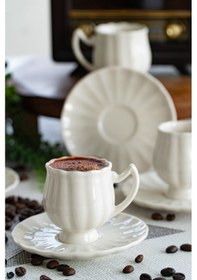 Resim Heda Porselen Lale 12 Parça 6 Kişilik Porselen Kahve Fincan Takımı Kırık Beyaz 