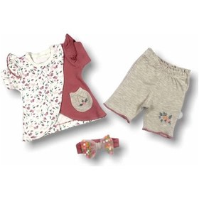 Resim 3-6 6-9 9-12 Ay Melek Kız Nakışlı Bandanalı Kısa Kollu Sweatli Şortlu 3lü Kız Bebek Takımı Nar Çiçeğ Nar Çiçeği 