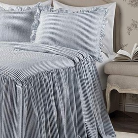 Resim Lush Decor Tik Çizgili Yatak Örtüsü Lacivert Vintage Şık Çiftlik Evi Tarzı Hafif 3 Parça Takım Kraliçe, Polyester 