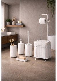 Resim Decorev 6'lı Banyo Seti Metal Standlı Beyaz Ahşap Desenli Tuvalet Wc Kağıtlık Seti 