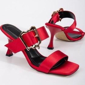 Resim Kadın Topuklu Terlik Kırmızı Saten Tek Bant Aksesuarlı-3967 Kırmızı 
