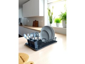 Resim Siyah Metal Tezgah Üstü Bulaşıklık ve Kurutmalık, Tepsili ve Kaşıklıklı, Tek Katlı 