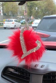Resim Arabasına Aşıklar Kulübü i Taşlı Dikiz Ayna Kolye Aksesuarı Kırmızı Tüylü L Harfli 