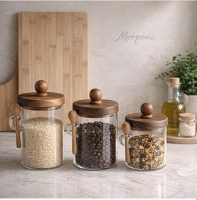Resim Morponi Akasya Kapaklı 3'lü Borosilikat Cam Baharatlık Seti 450 - 550-750 Ml Düz Şeffaf 