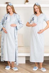 Resim Lohusa Gecelik ve Sabahlıklı Hamile Gecelik / Kısa Kollu, Nakışlı Gecelik ve Desenli Sabahlık Takımı - 2289 - Mavi / 2XL / Terlik ve Taç Seti İstemiyorum 