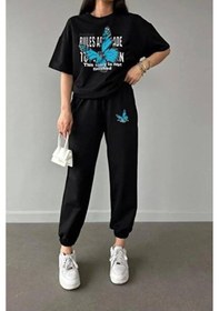 Resim Kelebek Baskılı Takım - Tshirt Ve Jogger Eşofman Siyah 