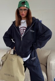 Resim Gia Collection Kadın Oversize Eşofman Takımı Vision Baskılı Lacivert - Kapüşonlu Fermuarlı, Bağcıklı Bel, Boru paça 