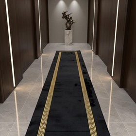 Resim Siyah Zeminli Çift Altın Bordürlü Peluş Runner Halı - 100x350 cm 