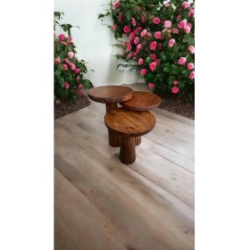 Resim Wood Wooden Ahşap 3lü Set Fitilli Mantar Yan Sehpa Modern Meşe Renk Fiskos 
