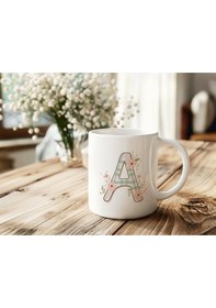 Resim A Harfli Çiçek Desenli Kupa Bardak - Ekose Desenli Yeşil Pembe Desenli Tasarım - Kişiye Özel Hediye Beyaz 