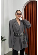 Resim Kadın Oversize Blazer Ceket Kuşaklı Omuz Detaylı Gri 