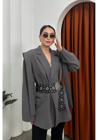 Resim Kadın Oversize Blazer Ceket Kuşaklı Omuz Detaylı Gri 