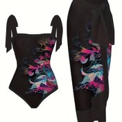 Resim Plus Size Tankini Seti ile Canlı Çiçek Desenli Tek Parça Mayo ve Kurdele Detayı, Omuz Üstü Yüksek Esneklikli Kumaş, Tatil Stili Lash Setleri Kadınlar İçin, Plaj Giyimleri, Tatil Kıyafetleri | Omuz Üstü Mayo | Yüksek Esneklikli Kumaş 