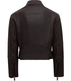 Resim Love Kadın Kahverengi Gömlek Yaka Vintage Oversize Deri Ceket - Kahverengi / 