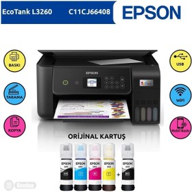 Resim Epson Ecotank L3260 Renkli Tanklı Yazıcı Baskı-tarama-kopya(usb,wifi)+orijinal 4x65ml+1 Mürekkep 