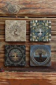 Resim Oscar Stone Decor Taş Bardak Altlığı Stone Coasters - 4Lü Set Hayat Ağacı Seti Ba533 