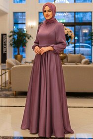 Resim Neva Style Yakası Tüy Detaylı Koyu Gül Kurusu Tesettür Abiye Elbise 21330KGK 
