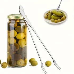 Resim 2 Adet Yeniden Kullanılabilir Paslanmaz Çelik Turşu ve Zeytin Çatal Kaşık Seti - Şık Dayanıklı Uzun Saplı Mutfak Aletleri: Servis Çatalı, Yemek Çatalı, Meyve Çatalı ve Uzatmalı Kaşık İçerir - Dilimlenmiş ve Kavanozlu Turşular & Zeytine Uygun, 26.3cm/10.35in Çatal, 25cm/9.84in Kaşık, Ev Mutfağı, Açık Hava Piknikleri ve Noel Parti Malzemeleri için İdeal, Gümüş Renk, 2 Boyut 