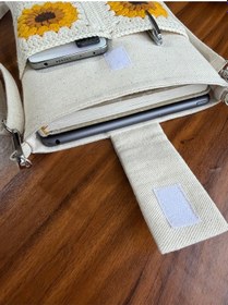 Resim Aksesuarsepeti El Yapımı Ayçiçek Desenli Motifli Astarlı Taşıma Askılı Cepli Kadın Tablet Çantası Kitap Çantası Krem 