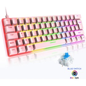 Resim Katsuta Blue Switch Mekanik Mini 62 Tuşlu Rgb Gaming Oyuncu Klavyesi - Pembe 