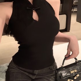 Resim Şık Kadın Kolsuz Tank Top - Sahte İnci Detaylı, Seksi Yaka, Esnek Kumaş, Makinede Yıkanabilir 