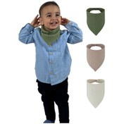Resim 3'lü Müslin Çift Çıtçıtlı %100 Pamuk Bebek Mama / Salya Önlüğü Yeşil, Camel, Beyaz Renk 