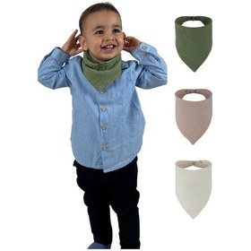 Resim 3'lü Müslin Çift Çıtçıtlı %100 Pamuk Bebek Mama / Salya Önlüğü Yeşil, Camel, Beyaz Renk 