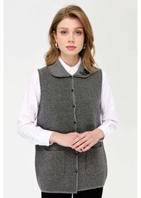 Resim Desen Triko Kadın Polo Yaka Yakası Ve Cebi Tığlamalı Yün Yelek 22228 Füme 