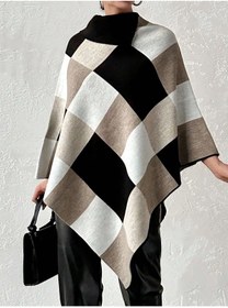 Resim 02Lady Fashion kadın kare desenli yakalı üçgen triko panço 