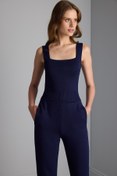 Resim Kare Yaka Lacivert Triko Crop Top 