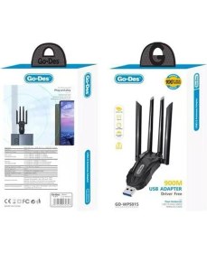 Resim Go-Des GD-WPS015 Wi-Fi USB Adaptörü 900Mbps Siyah 