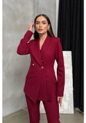 Resim Kadın İkili Blazer Ceket Pantolon Takım Pile Ve Düğme Detaylı Boru Paça Bordo 
