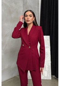 Resim Kadın İkili Blazer Ceket Pantolon Takım Pile Ve Düğme Detaylı Boru Paça Bordo 