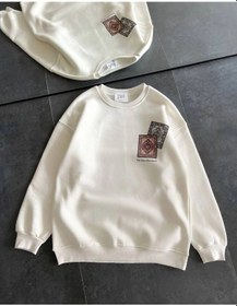 Resim Kadın Bisiklet Yaka Baskılı Sweatshirt - Beyaz Siyah 