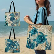 Resim Yüksek Kaliteli Vintage Deniz Hayatı Tote Çanta - Seyahat, İş ve Alışveriş için Deniz Desenli Hafif, Katlanabilir Polyester Omuz Çantası - Kaplumbağa, Ahtapot, Denizatı, Balina Tasarımları 