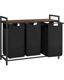 Resim Çamaşır Sepeti, 3 Bölmeli Çamaşır Sepeti, Çıkarılabilir Çamaşır Torbaları, Çamaşır Sıralayıcı, Raf, Metal Çerçeve, 3 x 38L, 92,5 x 33 x 72 Cm, Rustik Kahverengi ve Siyah BLH301B01 