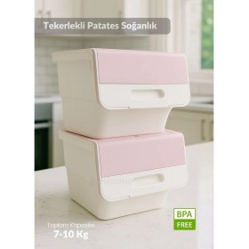 Resim 2’li Tekerlekli Patateslik Soğanlık Erzak Kutusu Organizer Sebzelik Beyaz-Pembe 24 Lt 