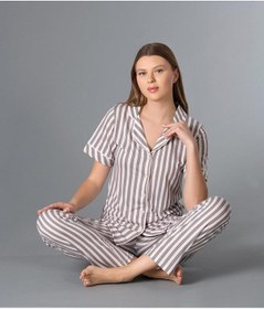 Resim Alperi Boydan Düğmeli Kısa Kol Çizgili Pijama Takımı Mevsimlik Viskon Aperi 780-37 Gri 